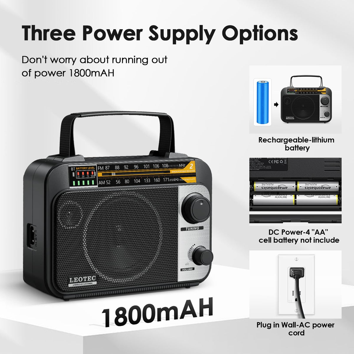 LEOTEC AM FM radio battery status indicator helps track power
