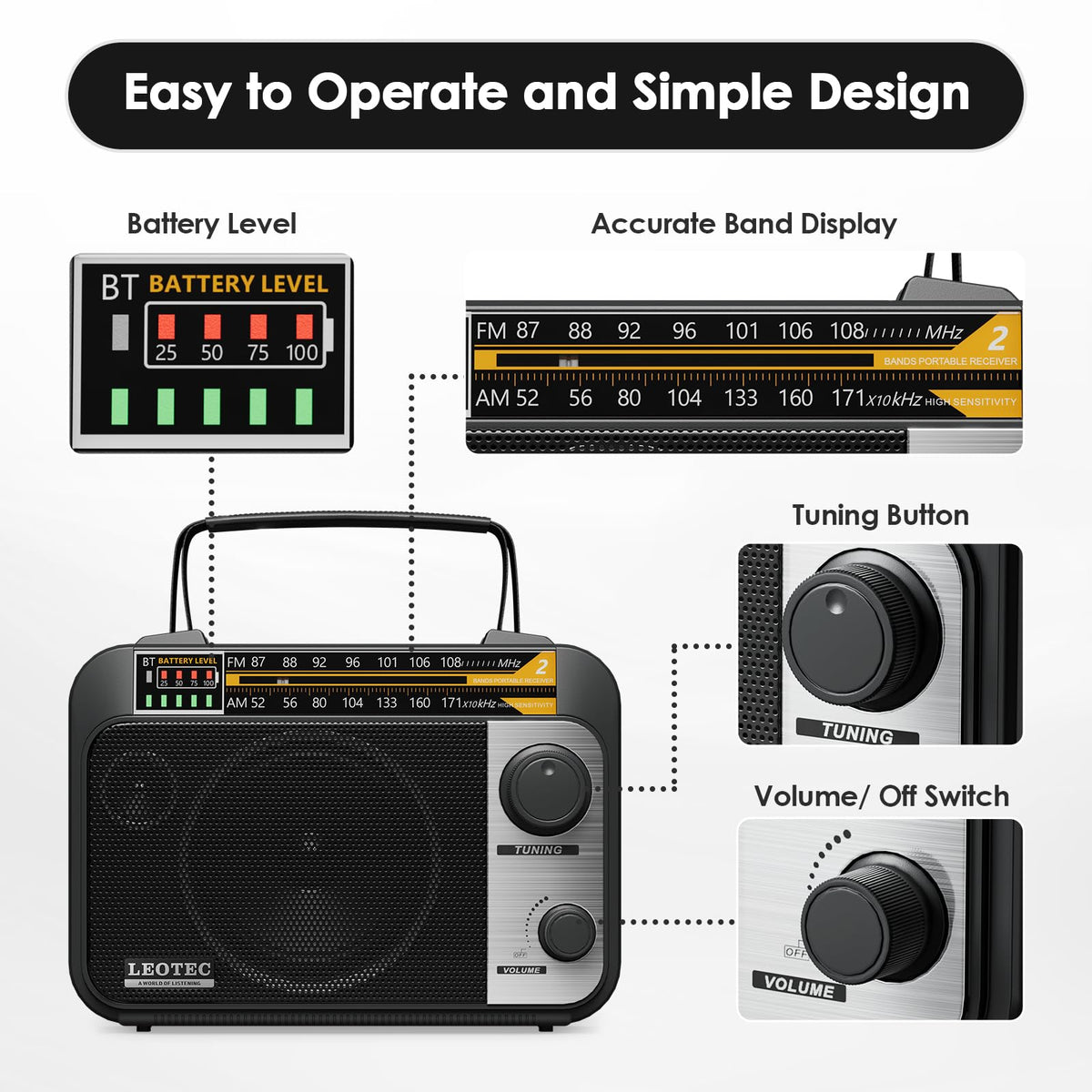 LEOTEC AM FM radio Bluetooth function enables wireless listening on the go