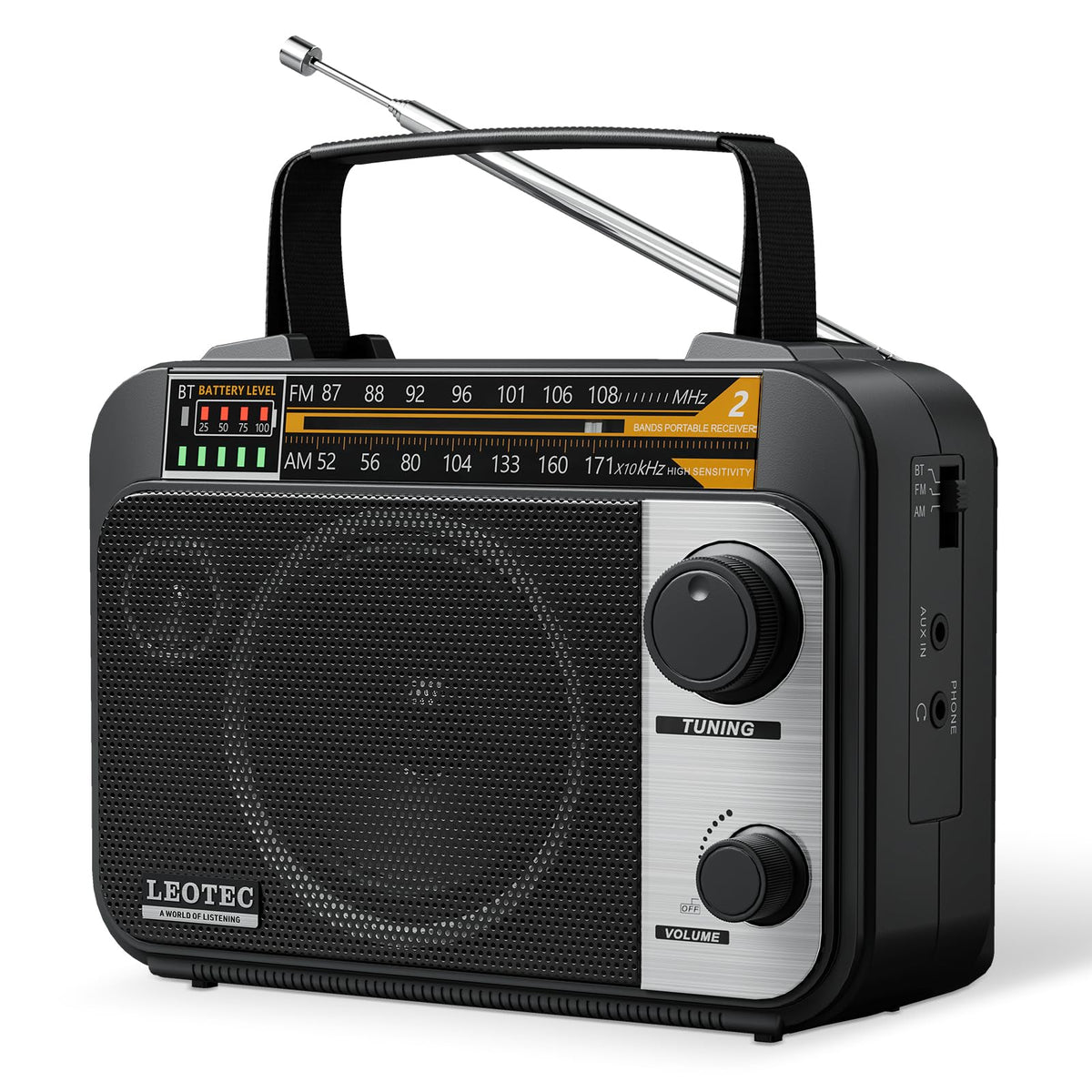 LEOTEC AM FM radio front view showing compact portable design for travel