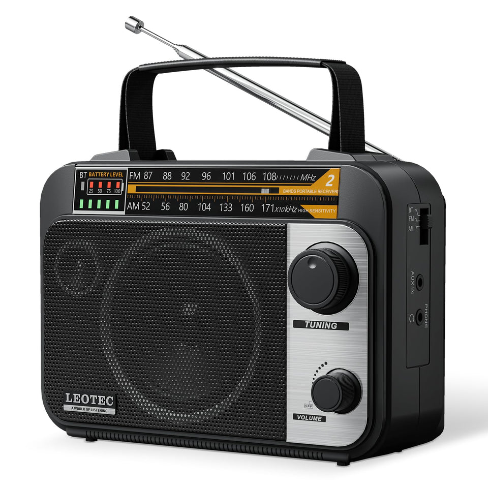 LEOTEC AM FM radio front view showing compact portable design for travel