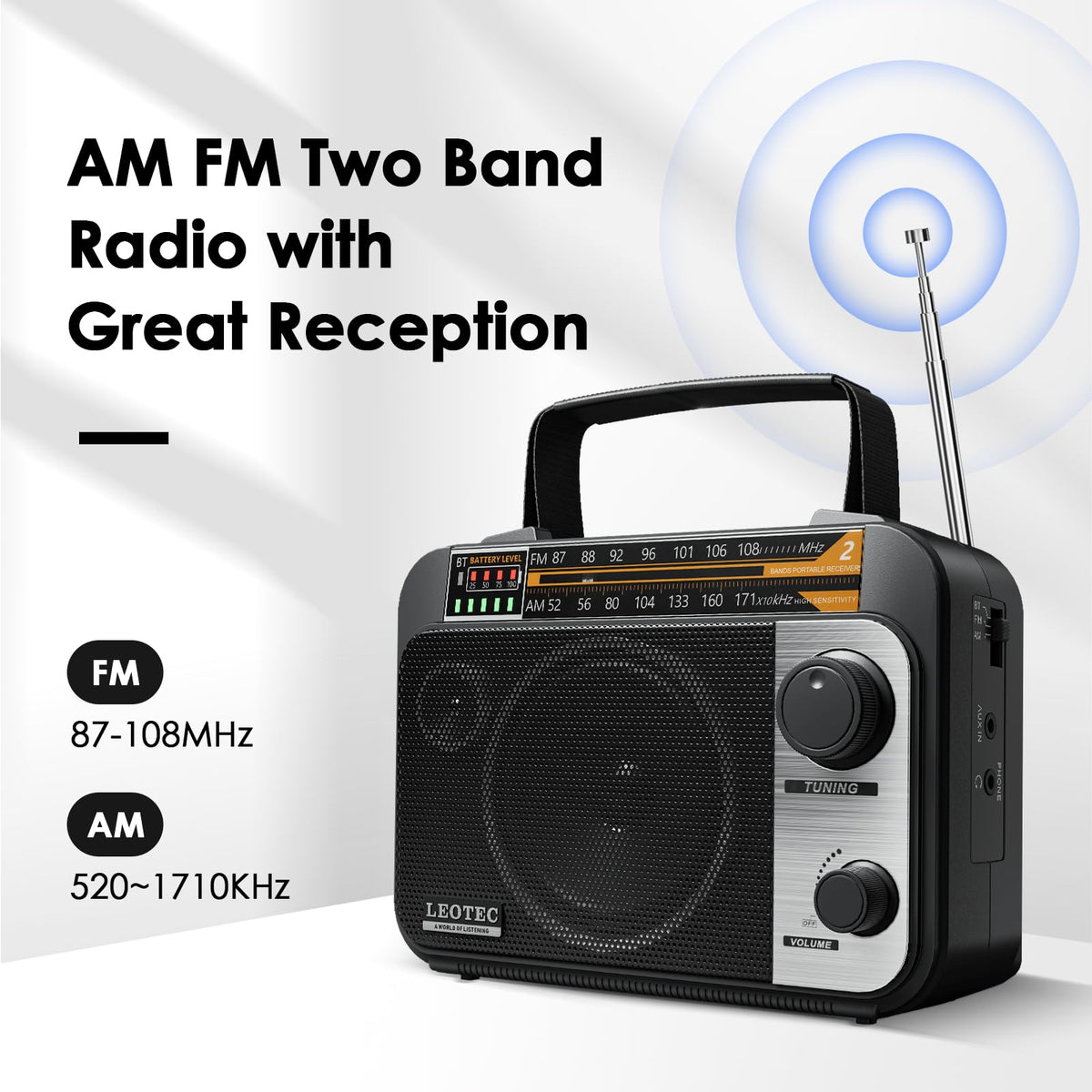 LEOTEC AM FM radio rear view highlighting accessible battery compartment