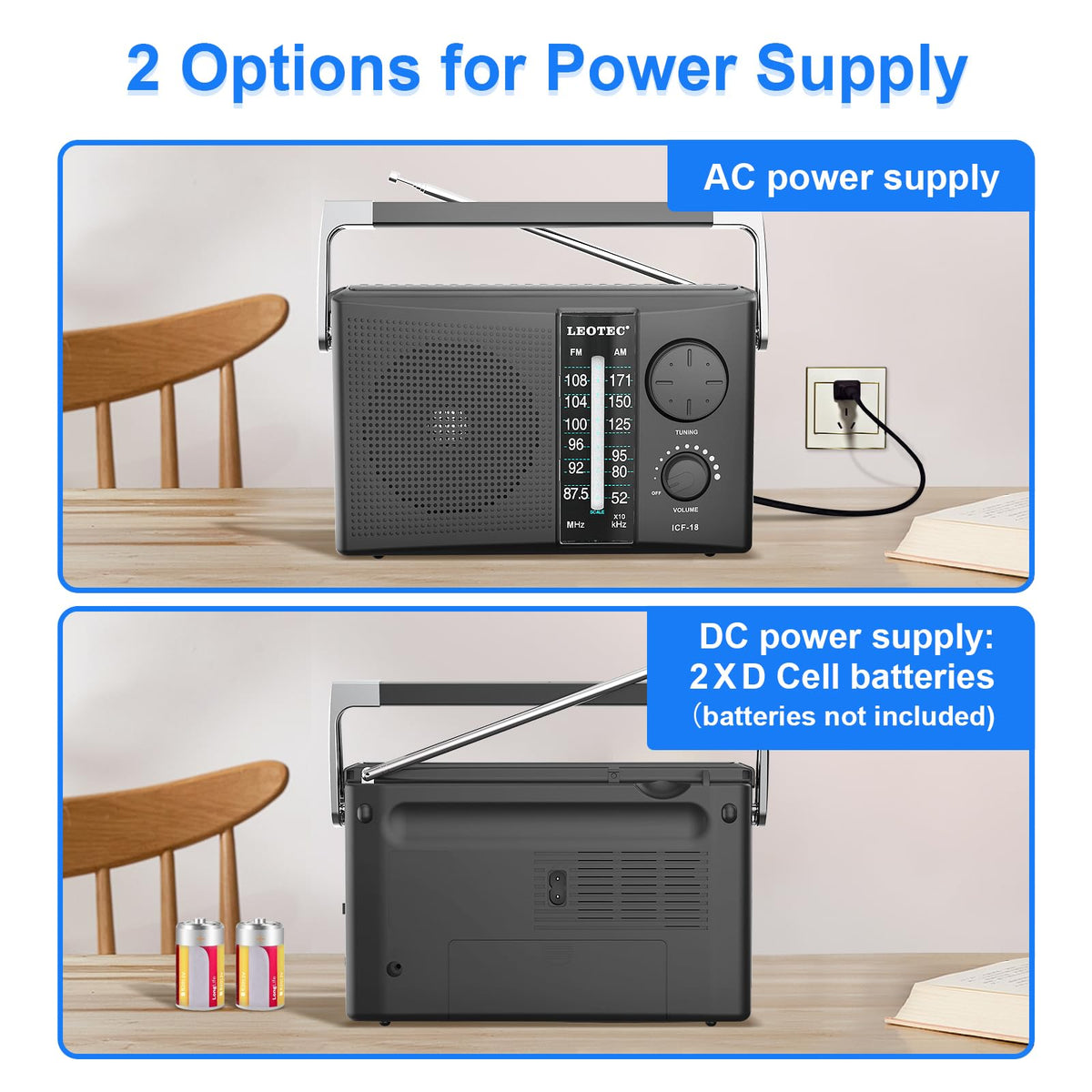 LEOTEC radio battery power lets you listen on the go with 2 D cells.