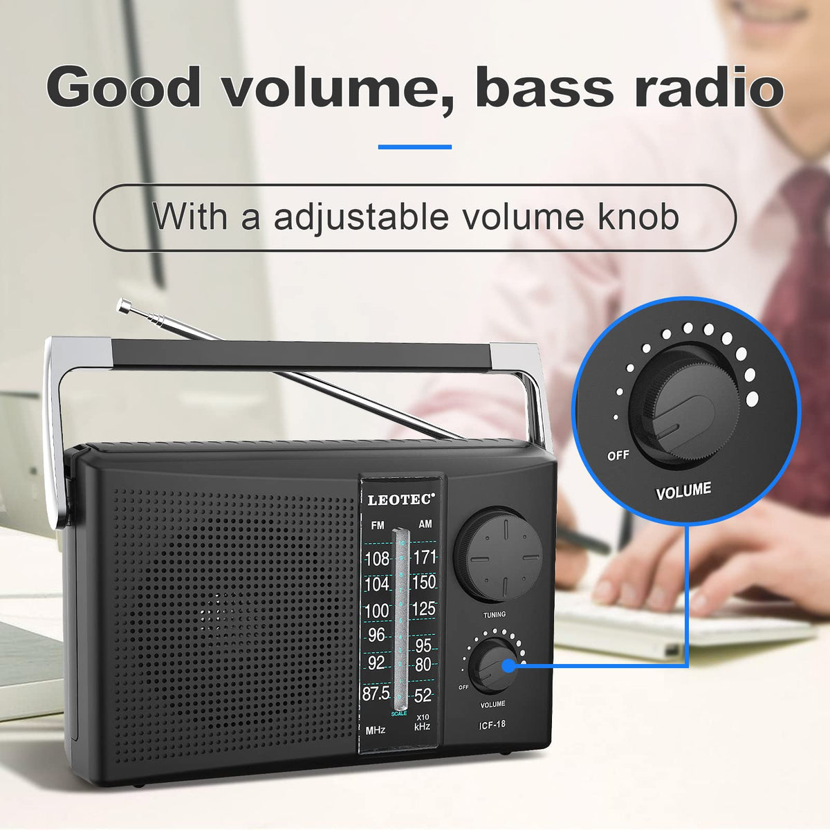 LEOTEC AM/FM radio dial for easy tuning and precise station selection.