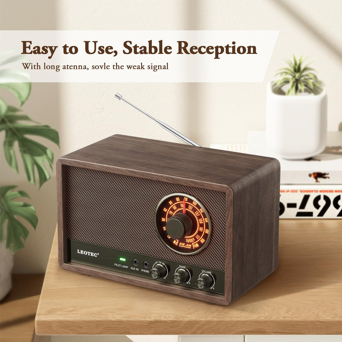 LEOTEC telescopic copper antenna extended for improved AM FM reception