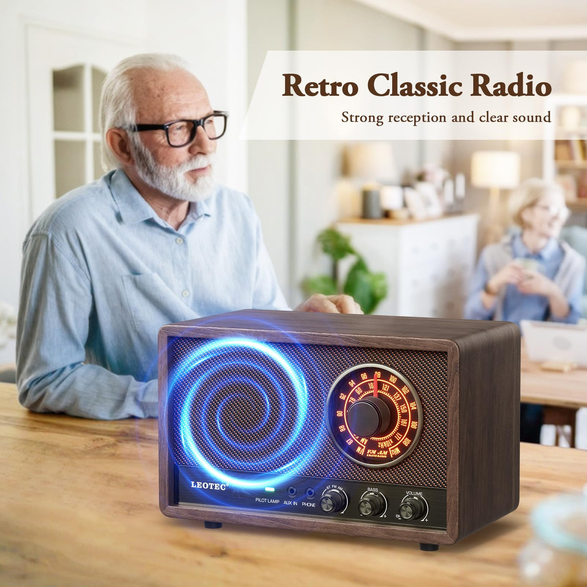 LEOTEC radio beside smartphone showing compact size and easy placement benefit