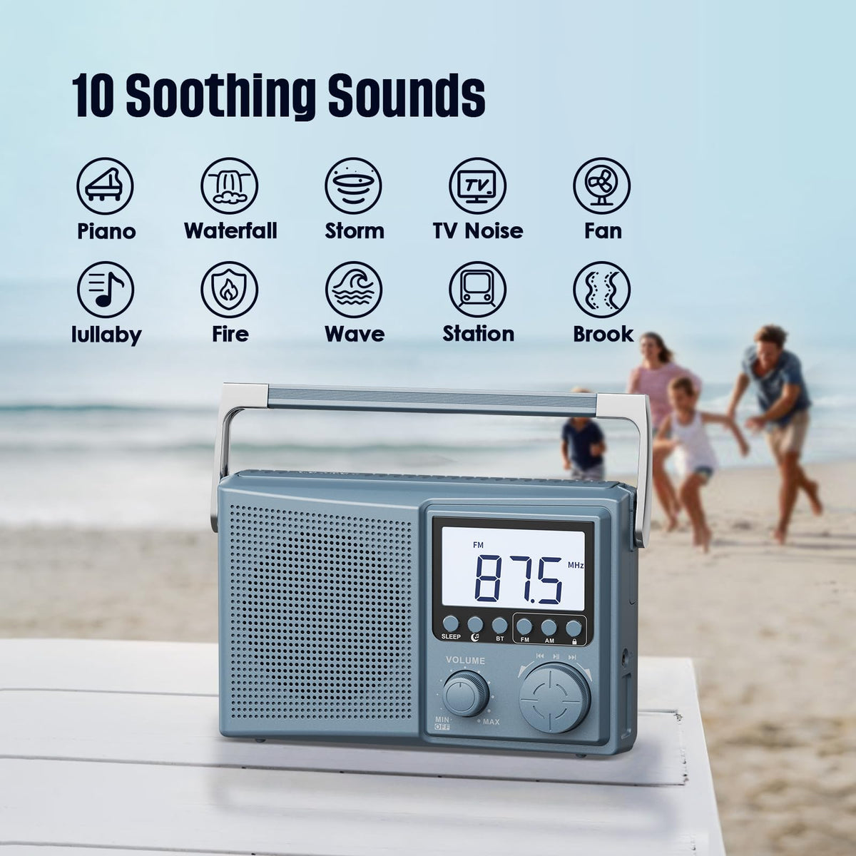 LEOTEC white-noise mode selection screen showing calming sound presets benefit