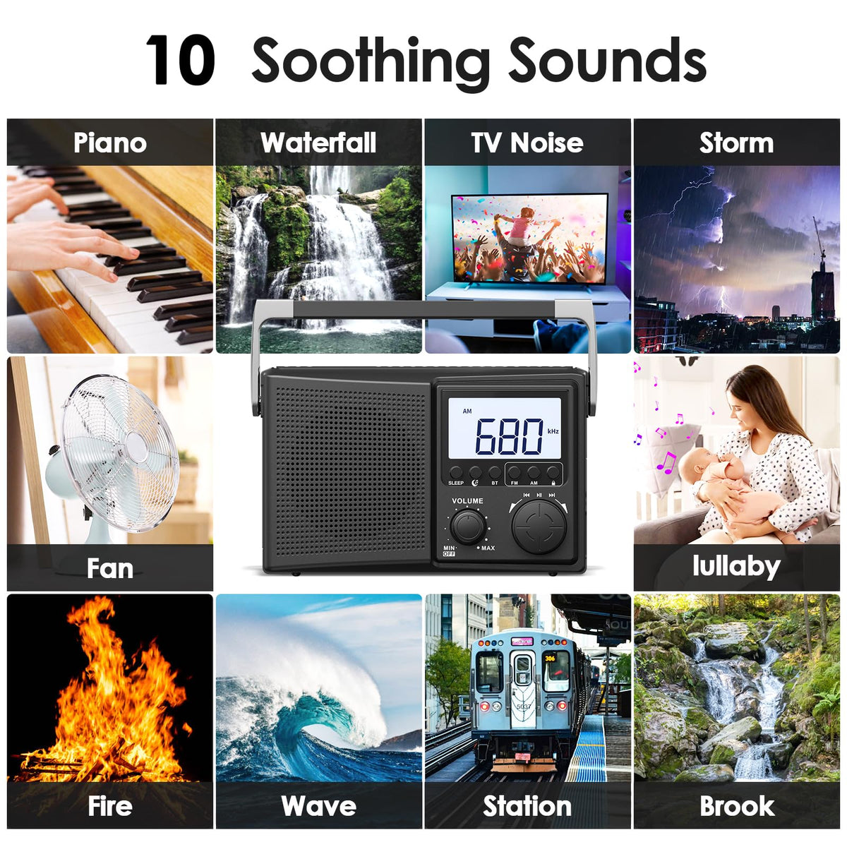 LEOTEC display showing white-noise options for restful ambient sound benefit