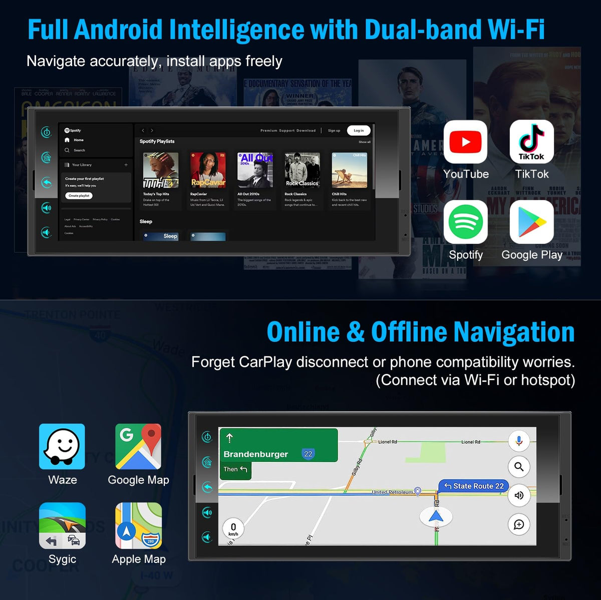 LEROAADZ Android-powered unit with Wi-Fi for offline mapping and apps