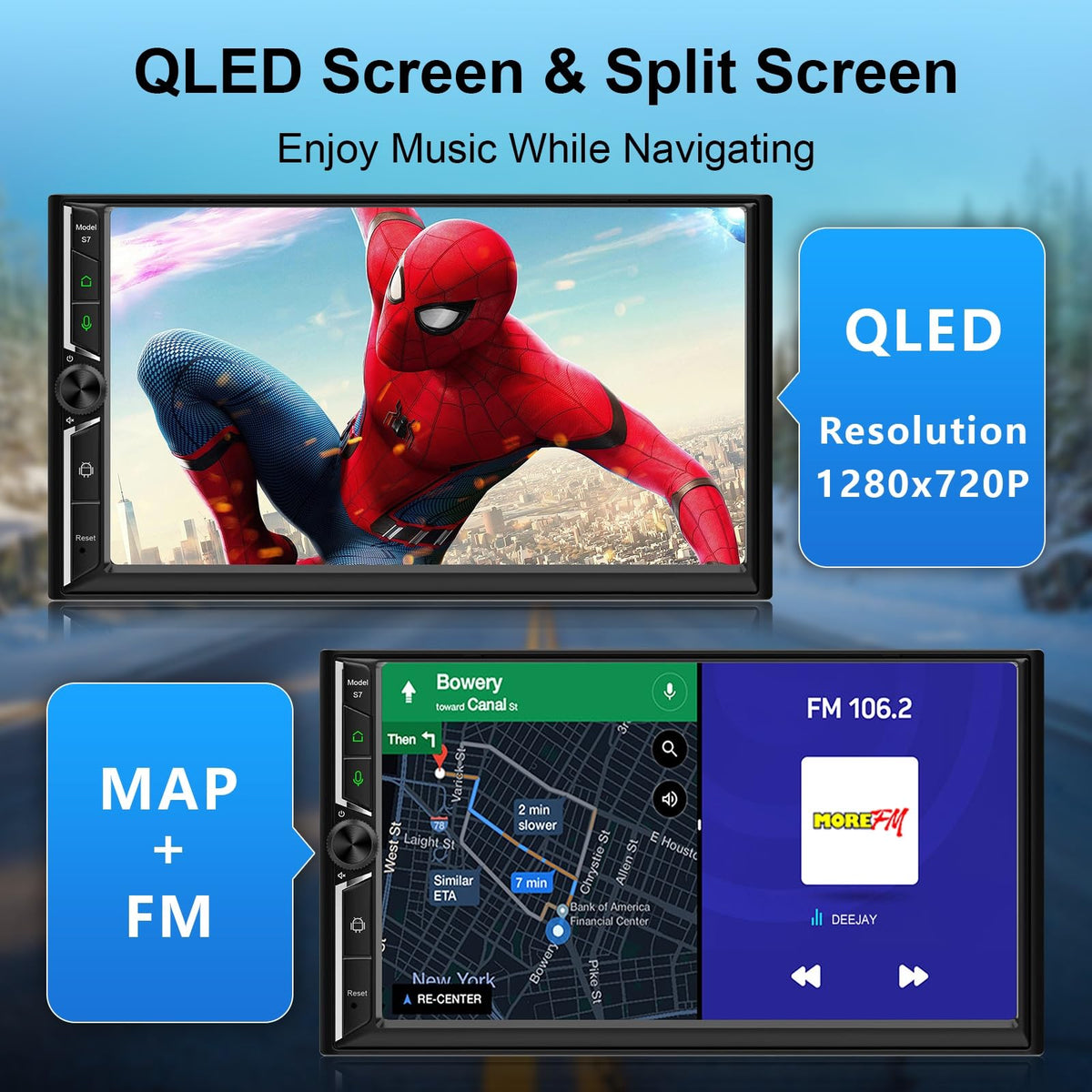 LEROAADZ 7-inch QLED touchscreen with a responsive volume knob for easy control