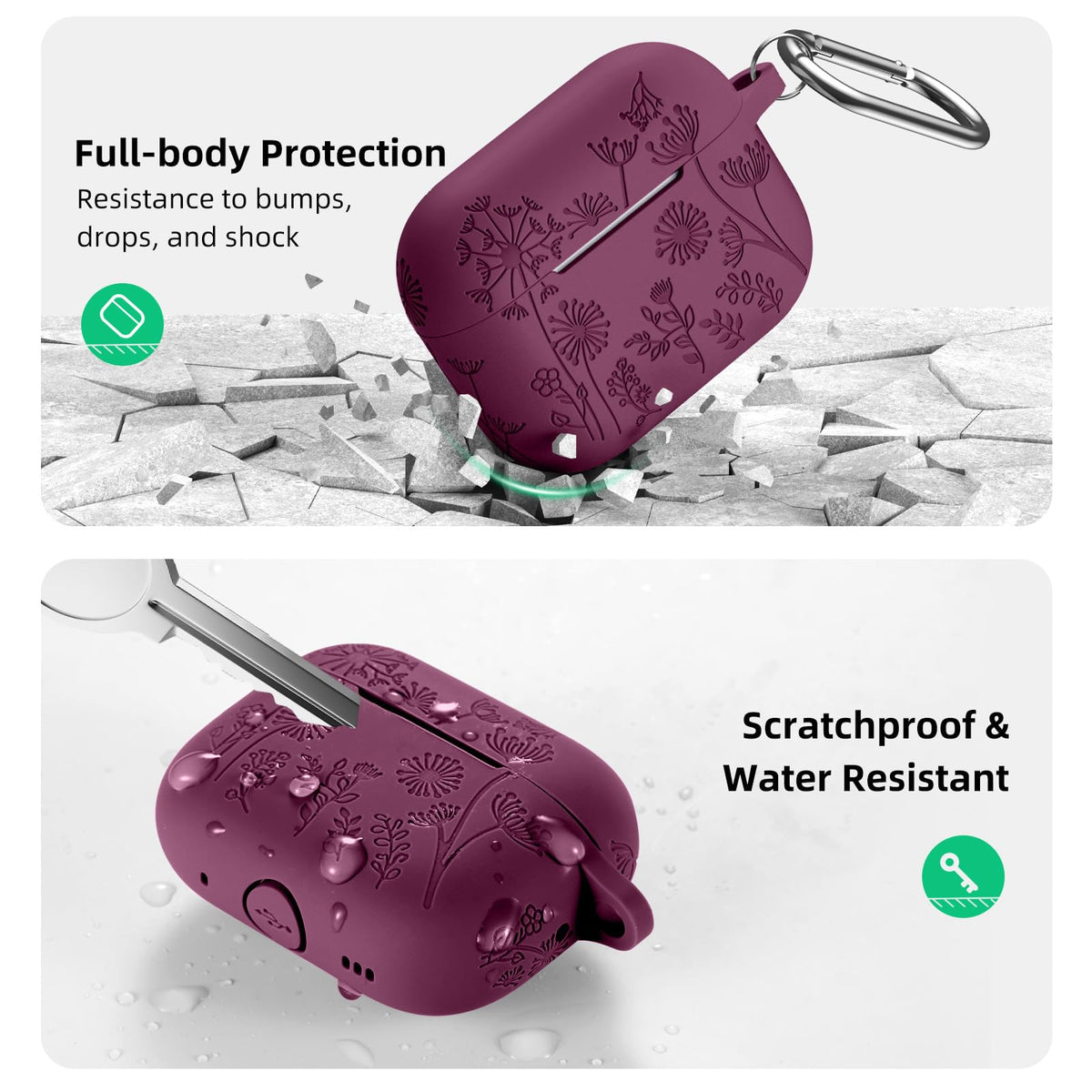 Lerobo floral engraving on AirPods Pro case enhances style and durability.
