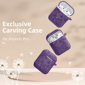 Lerobo flower engraved AirPods case in purple shown with carabiner for travel.