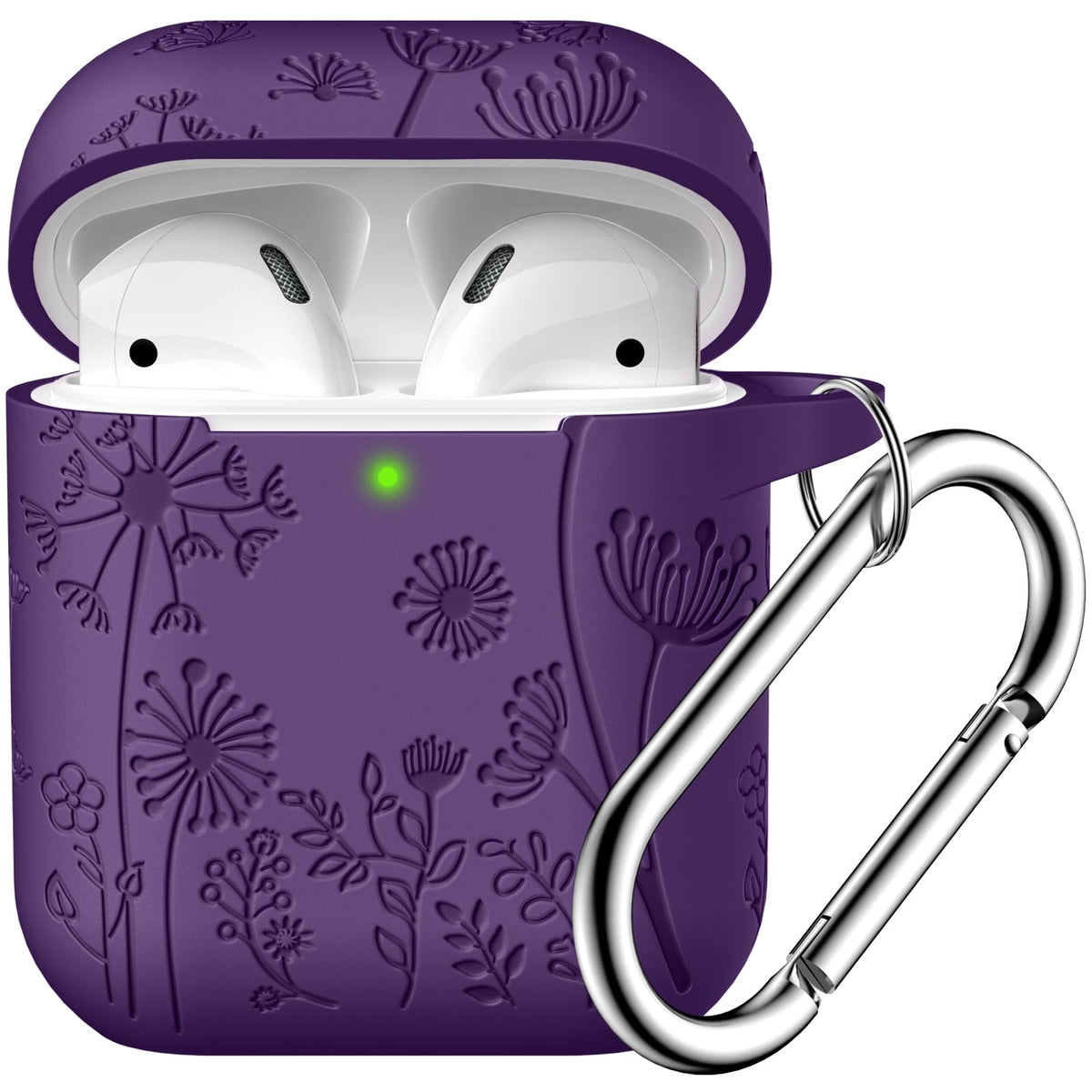 Lerobo flower engraved AirPods case in purple with front LED visible for charging checks.