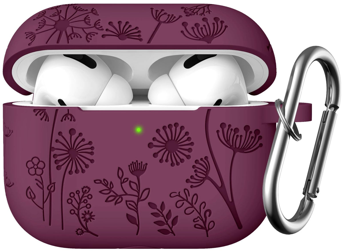 Lerobo purplish red silicone AirPods Pro case with floral engraving for style.
