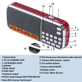 LETING Mfine portable radio with USB drive ready for MP3 playback.