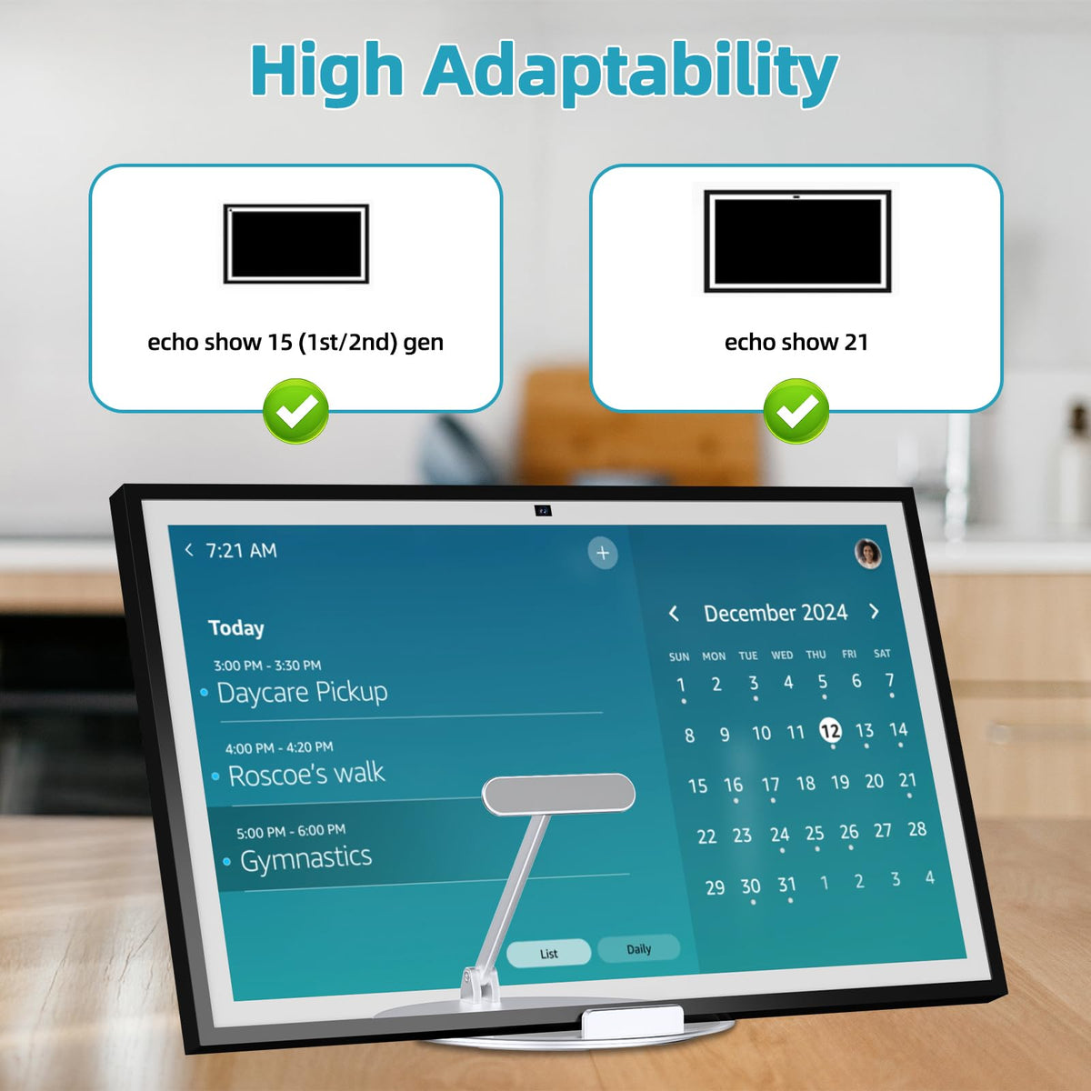 Letlar in kitchen holding Echo Show for hands-free recipe viewing benefit