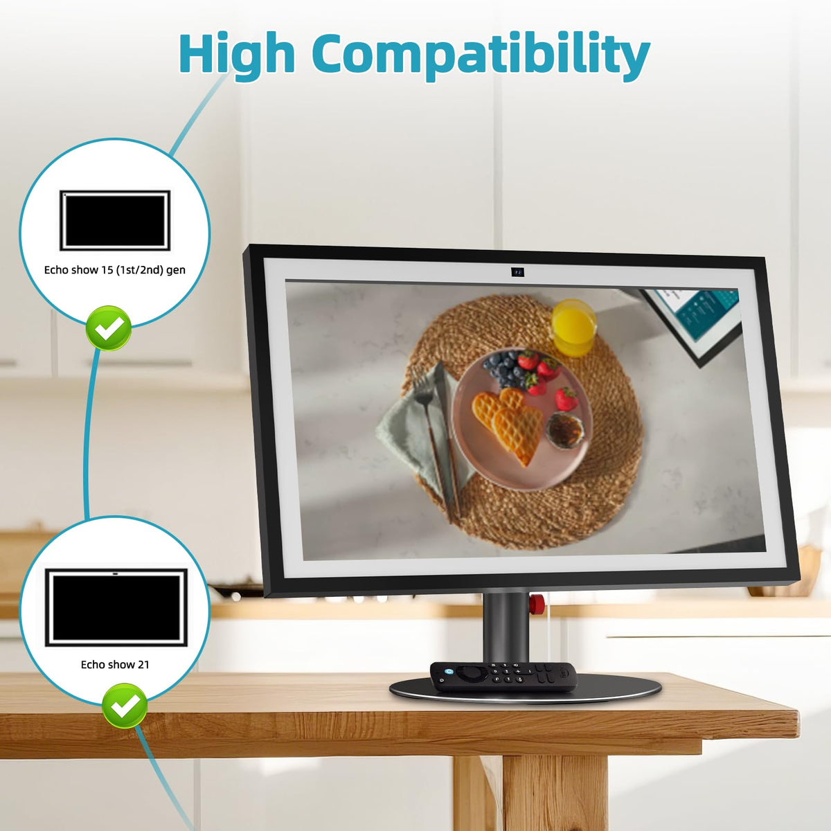 Letlar stand in kitchen with Echo Show for hands-free recipe viewing benefit