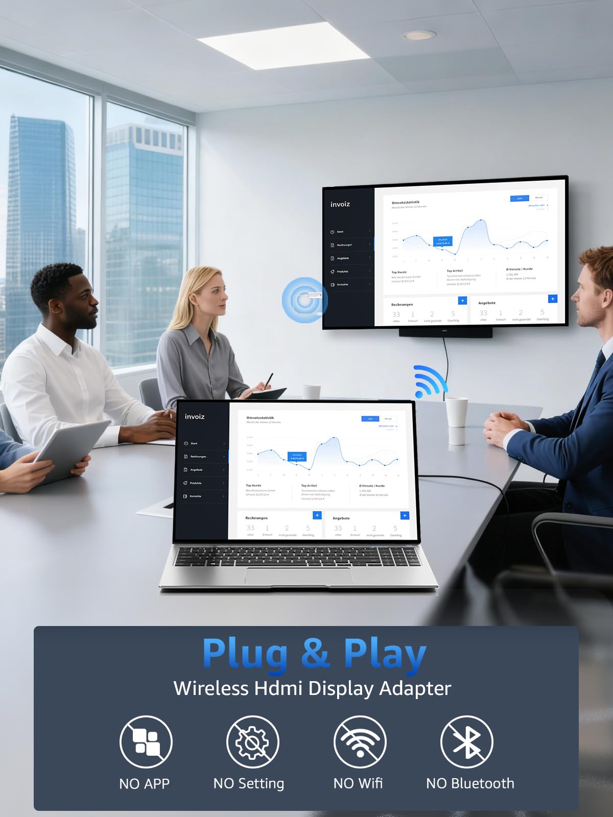 LETWESAF device plugged into TV HDMI port enabling big-screen mirroring benefit