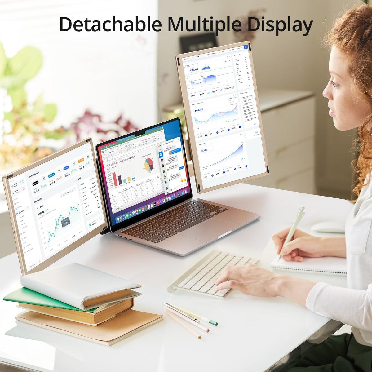 Leudaich triple monitor setup demonstrates extended display flexibility for creative work.