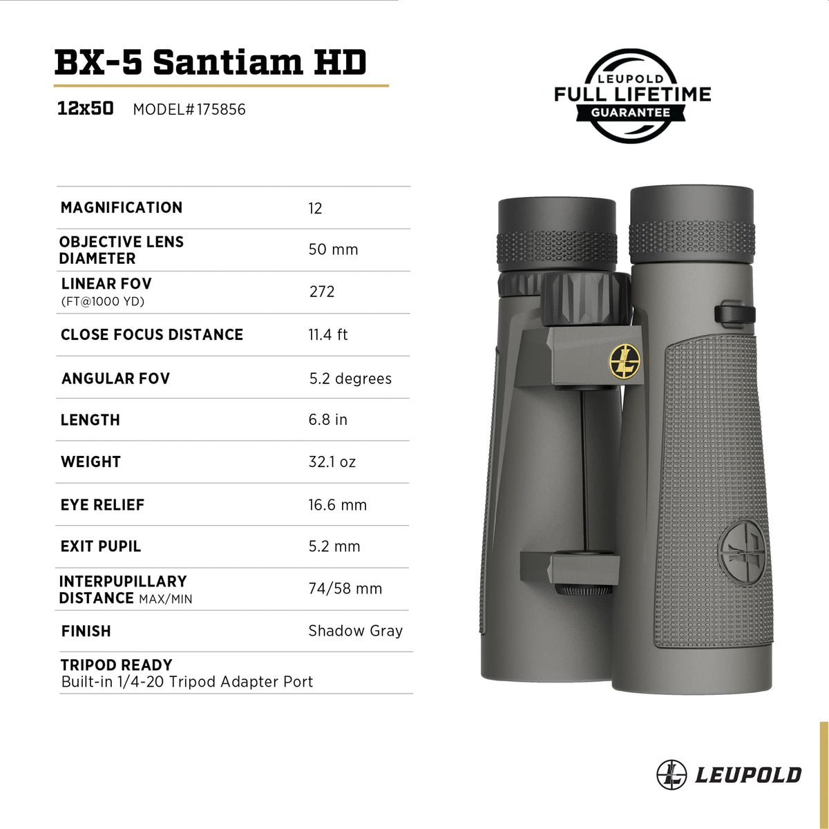 Leupold BX-5 Santiam HD 12x50 open-bridge dual-hinge design improves balance.
