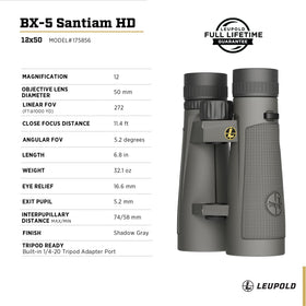 Leupold BX-5 Santiam HD 12x50 open-bridge dual-hinge design improves balance.