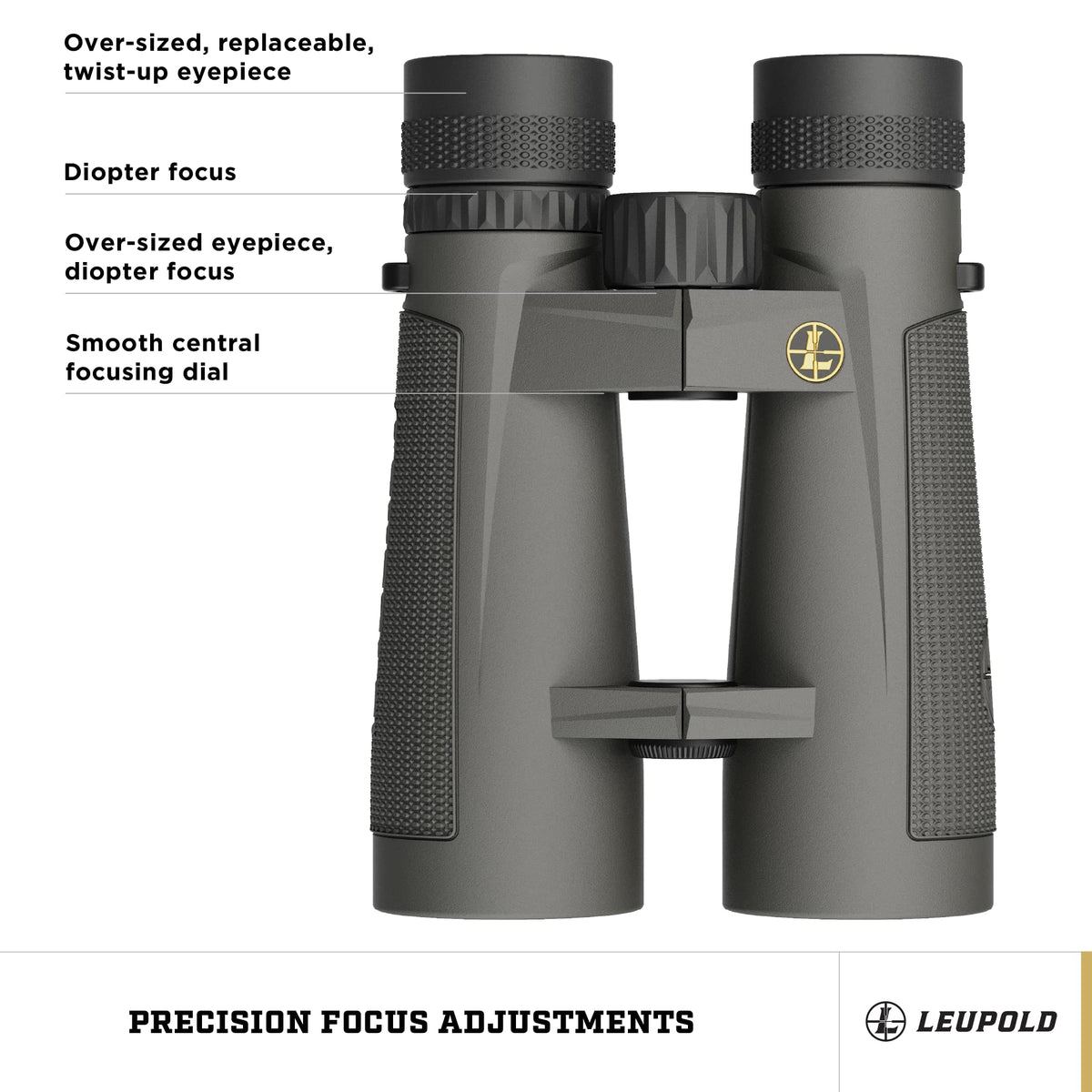 Leupold BX-5 Santiam HD 12x50 smooth-focus wheel enables precise adjustments.