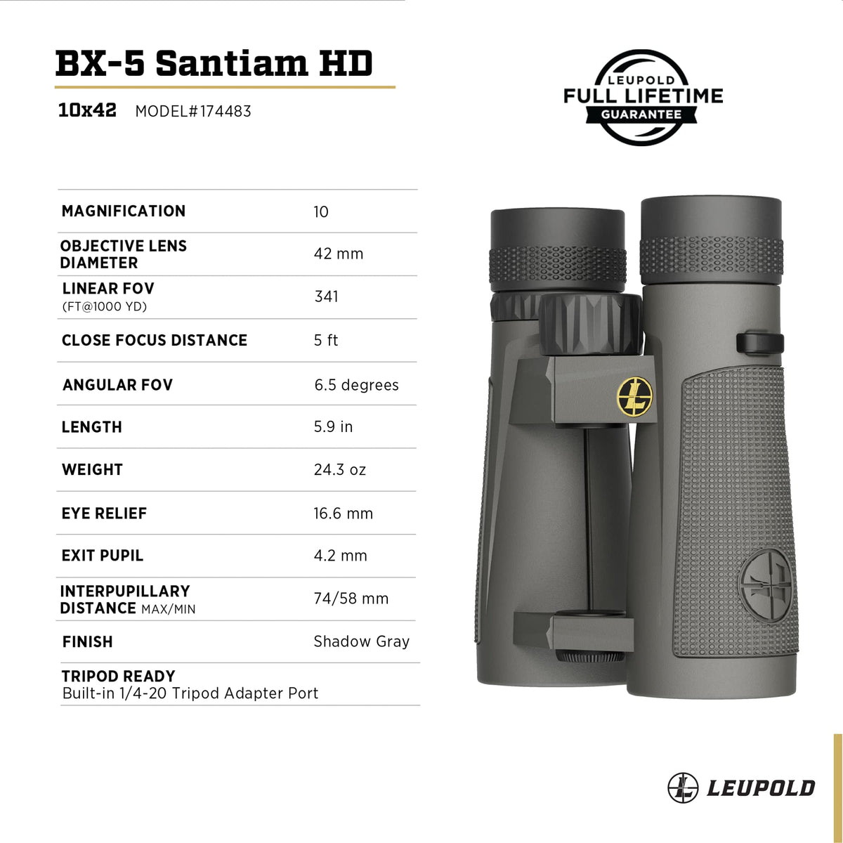 Leupold BX-5 Santiam HD open-bridge design illustrating lightweight ergonomic grip.