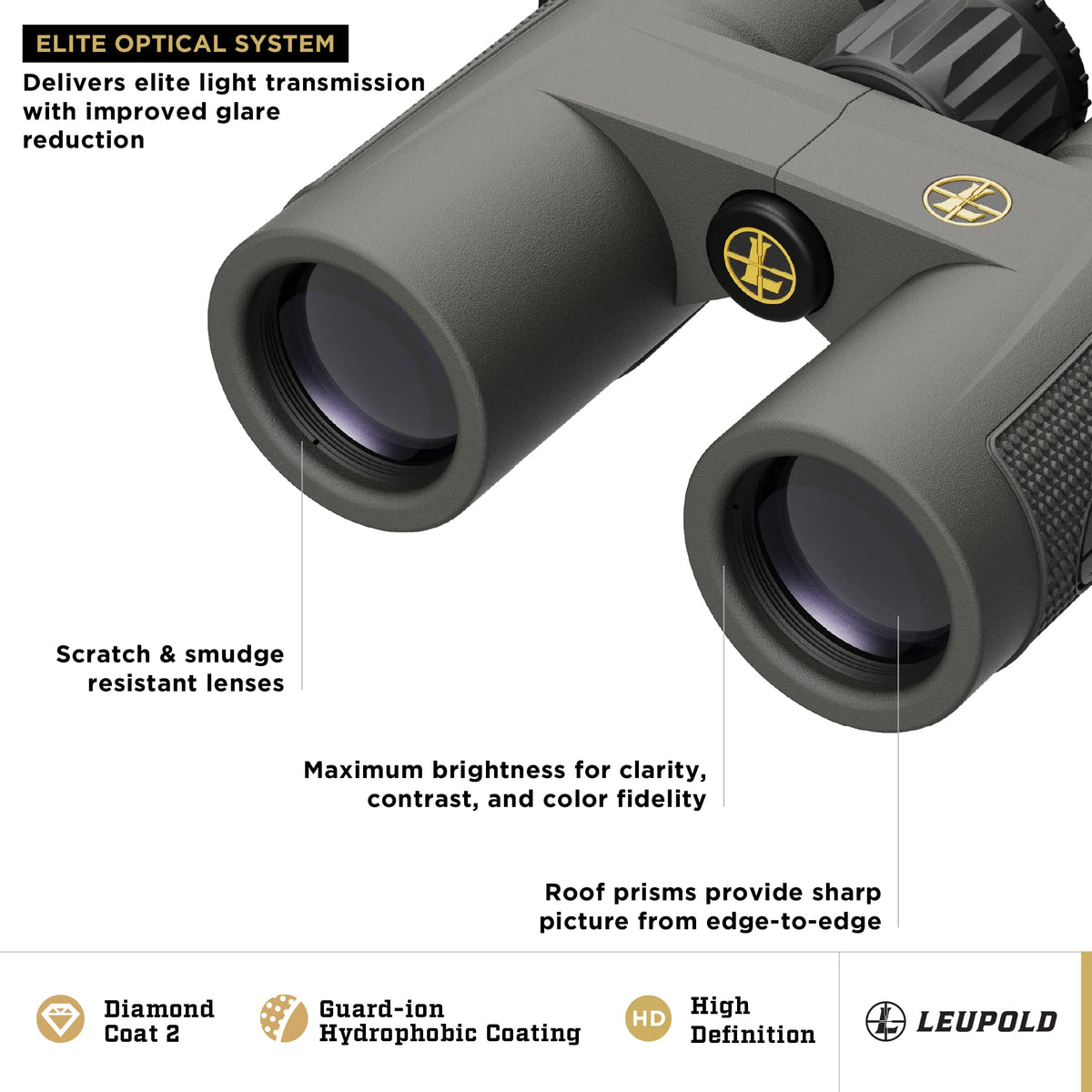 Leupold BX-4 Pro Guide HD 10x32 Shadow Gray handheld use shows ergonomic grip.