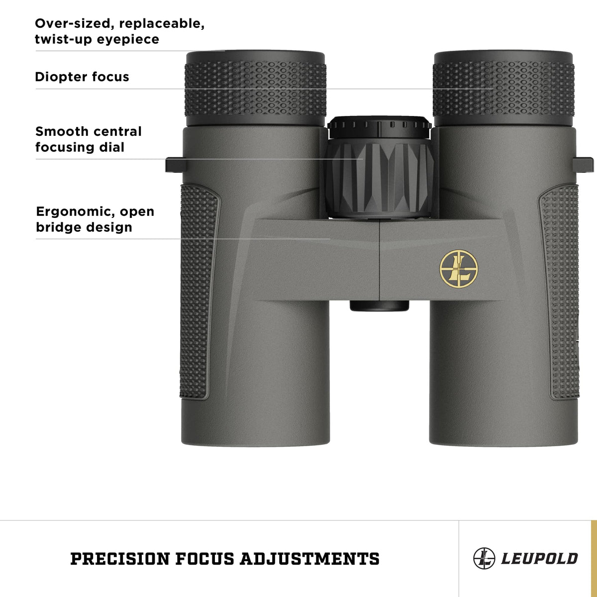 Leupold BX-4 Pro Guide HD 10x32 Shadow Gray lens detail with calcium-fluoride optics.