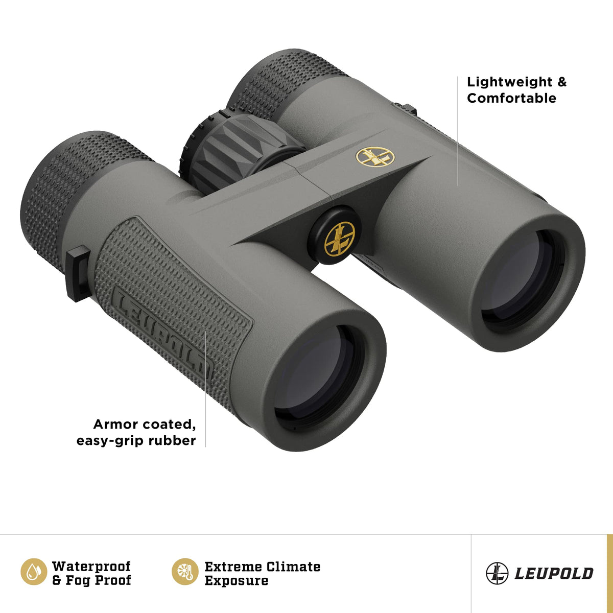 Leupold BX-4 Pro Guide HD 10x32 Shadow Gray open-bridge design for easy handling.