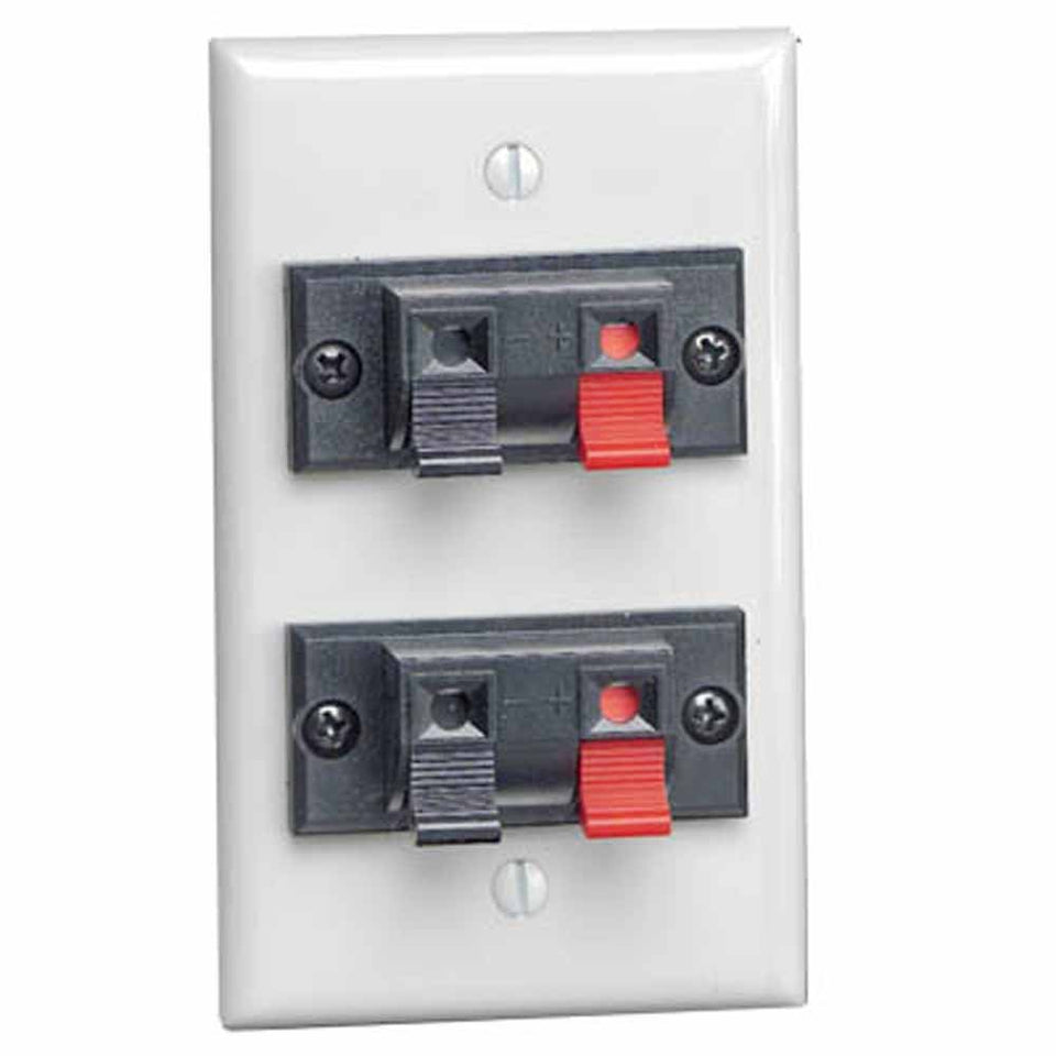 Leviton 1-Gang Double Spring Clip Wallplate showing speaker terminals for easy in-wall A/V wiring.