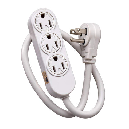 Leviton 3-outlet power strip front view showing tamper‑resistant outlets and compact design benefit