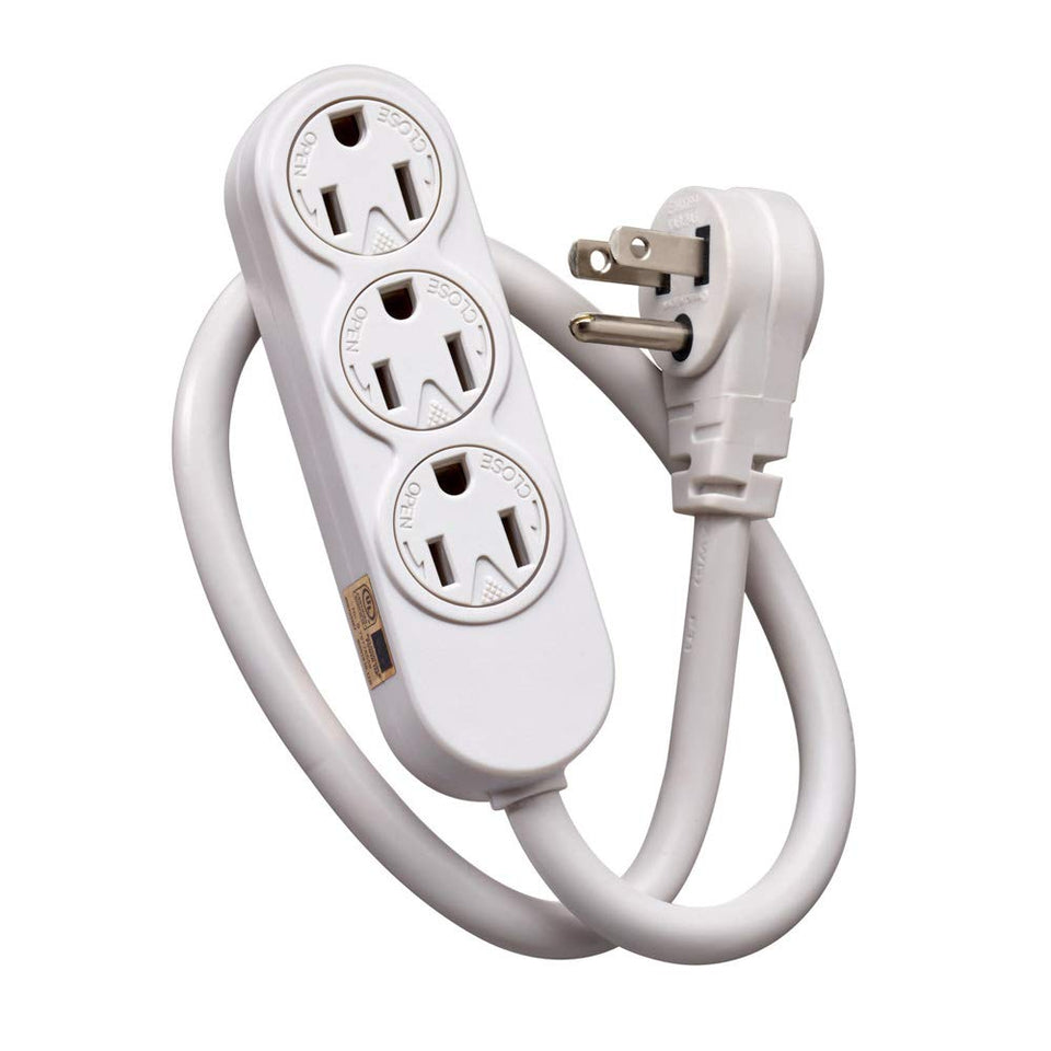 Leviton 3-outlet power strip front view showing tamper‑resistant outlets and compact design benefit