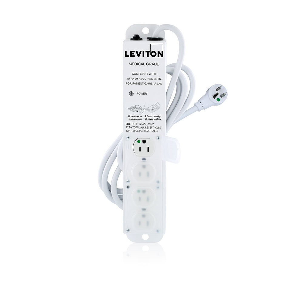 Leviton 5304M-1N7 medical-grade power strip with a 7 ft cord and alloy steel housing supports reliable device connections.