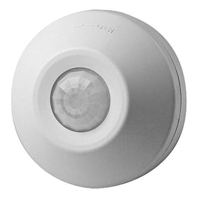 Leviton ceiling-mount front view showing compact sensor and easy installation benefit