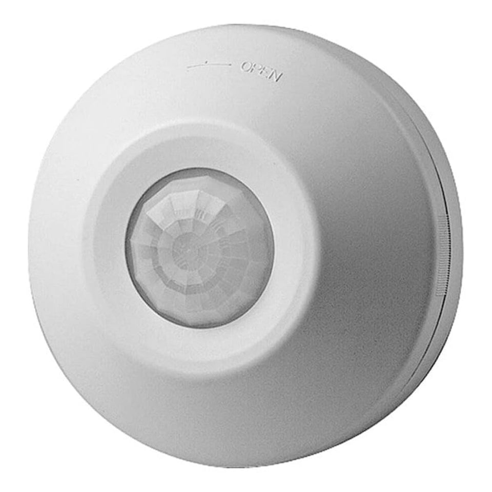 Leviton ceiling-mount front view showing compact sensor and easy installation benefit