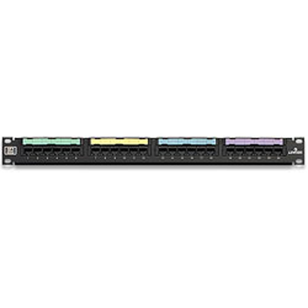 Leviton eXtreme 6+ patch panel front view for organized, high-density network cabling.