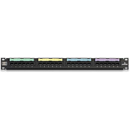 Leviton eXtreme 6+ patch panel front view for organized, high-density network cabling.
