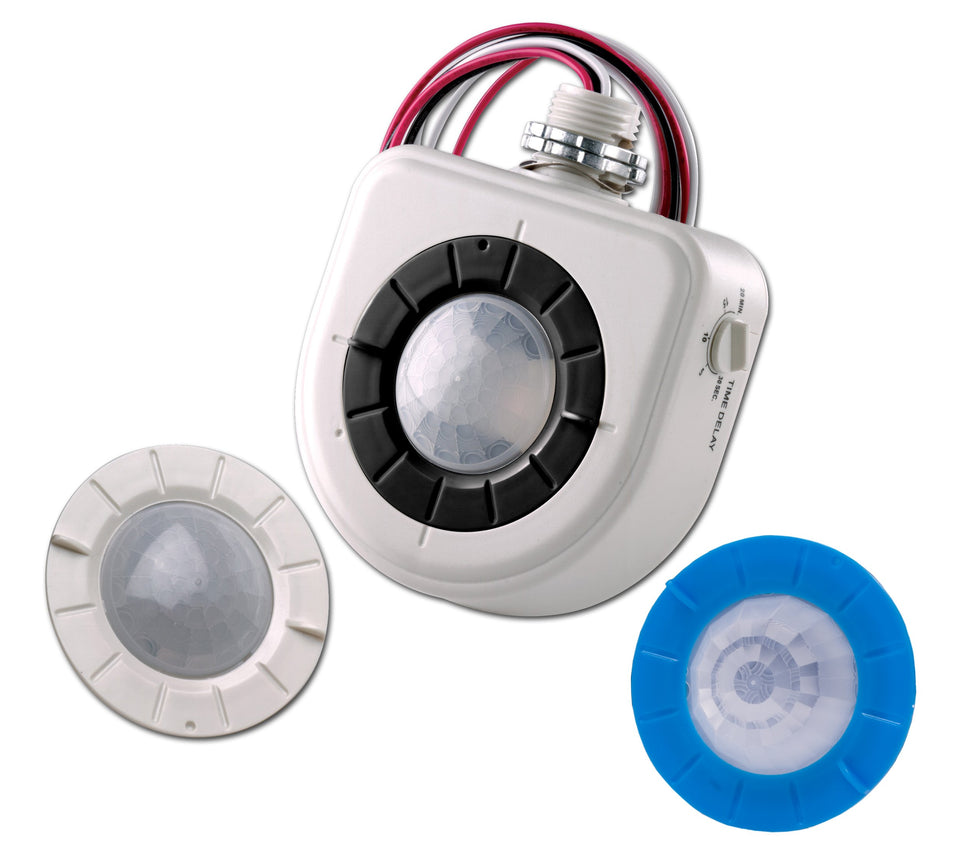 Leviton sensor front mount installed on fixture showing quicksnap and energy-saving control