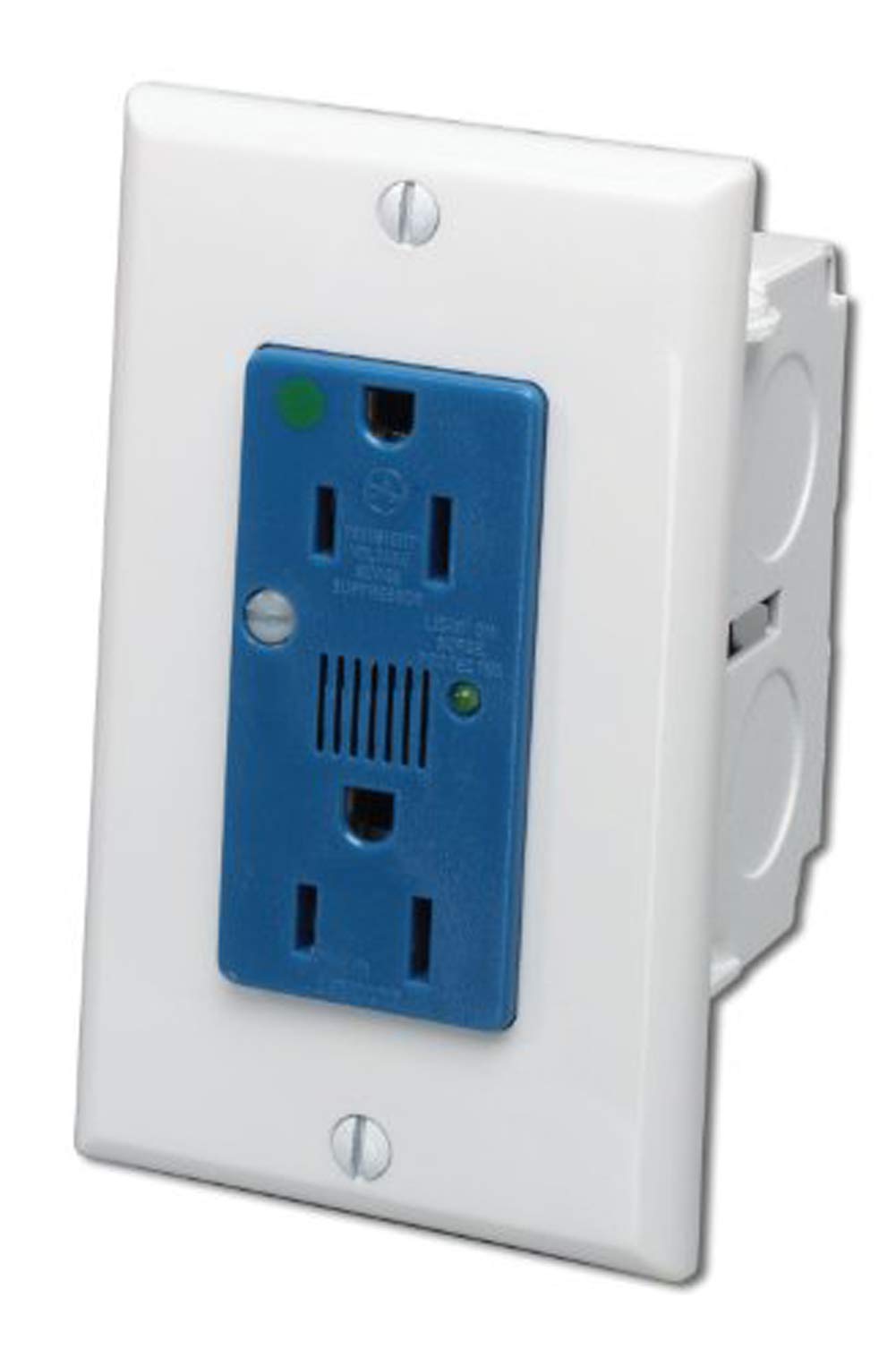 Leviton J-Box surge kit with blue duplex receptacle, provides surge protection and EMI/RFI filtering.