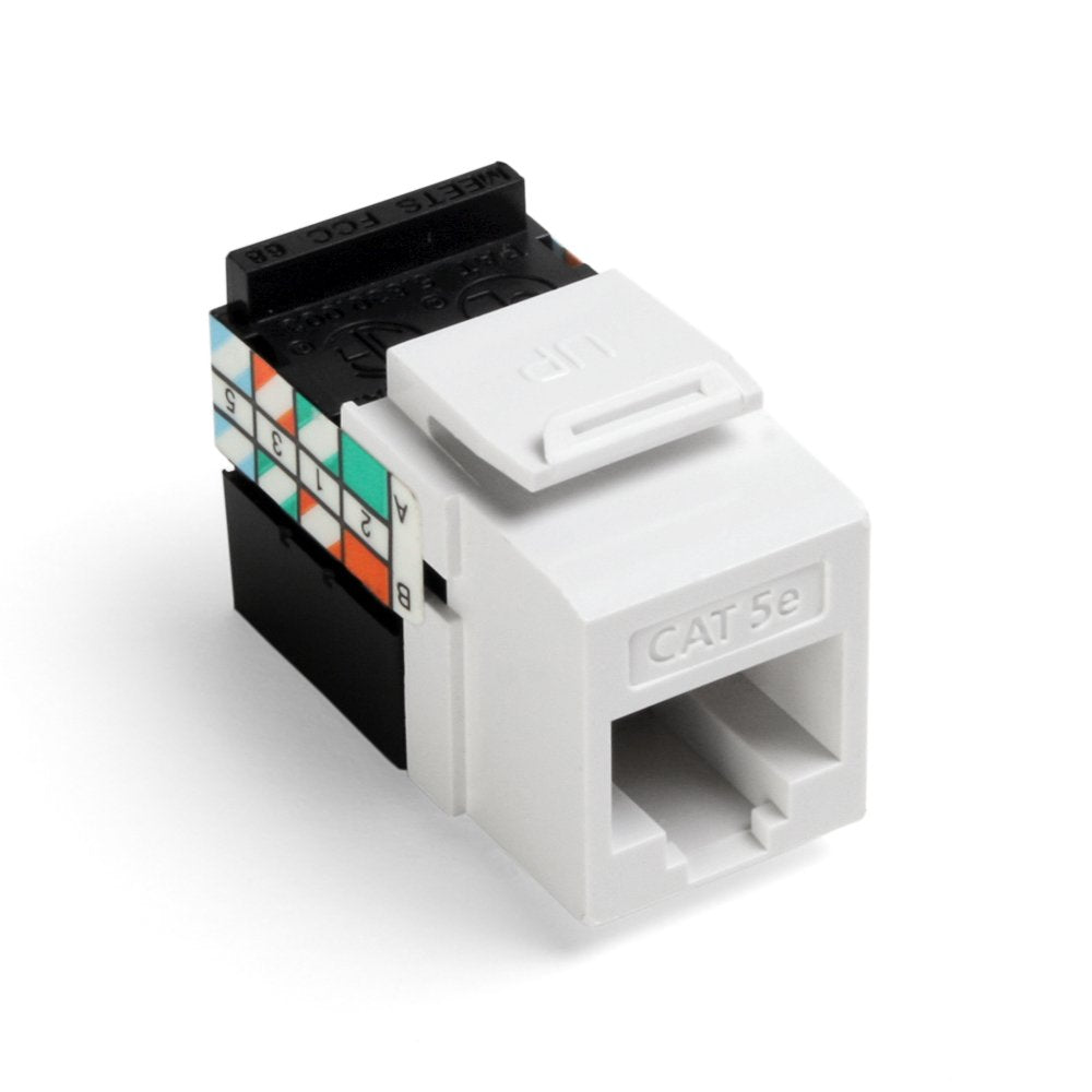 Leviton quickport front view showing white Cat5e jack and easy installation benefit