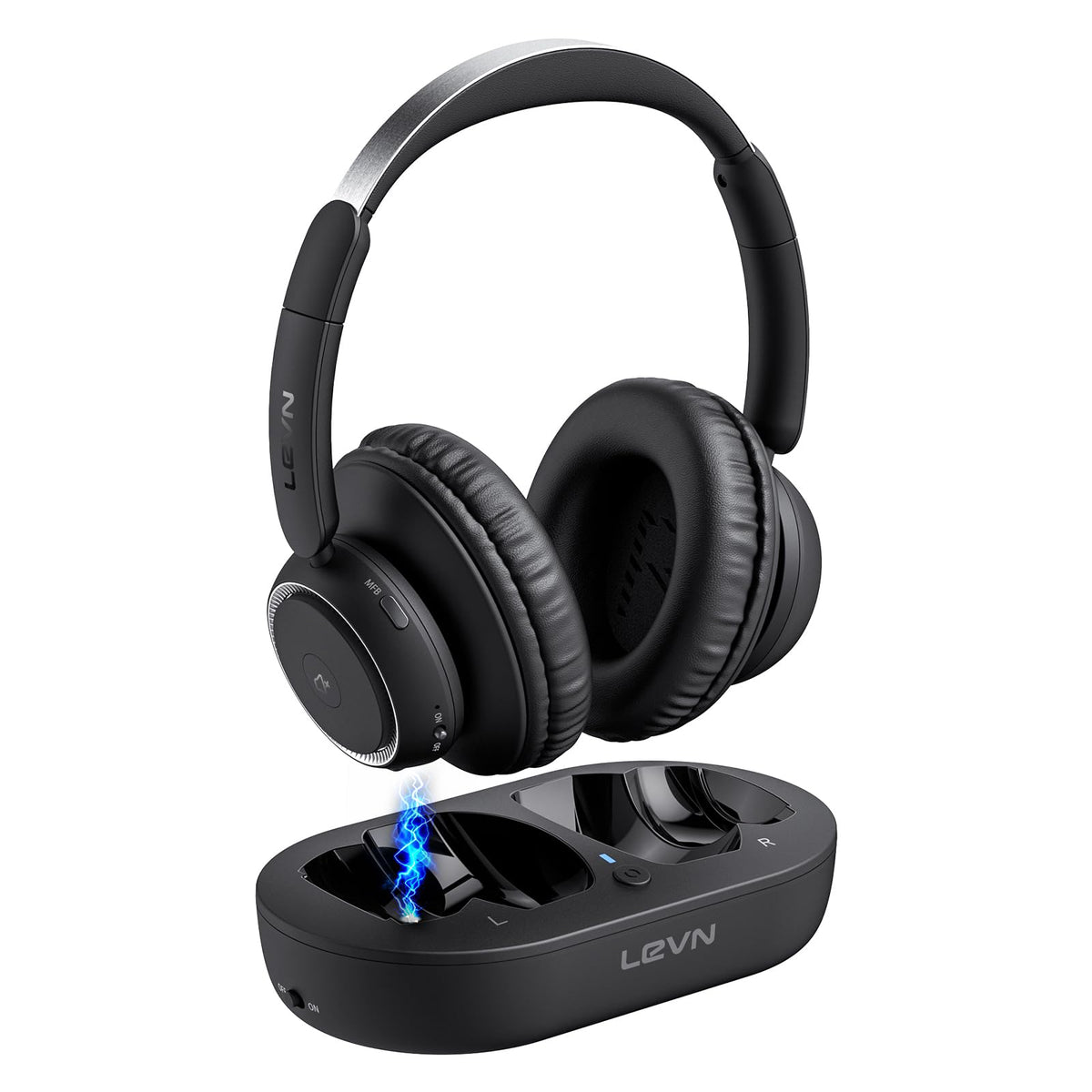 LEVN front view showing headphones and transmitter, clear setup benefit