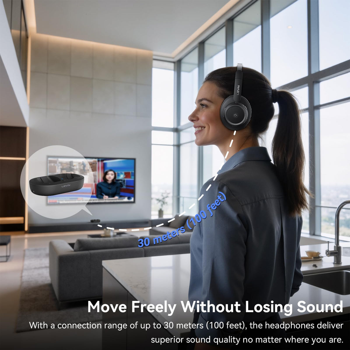 LEVN headphones worn by senior, easy-use and clear audio benefit