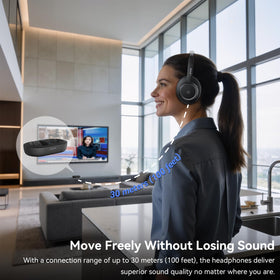 LEVN headphones worn by senior, easy-use and clear audio benefit