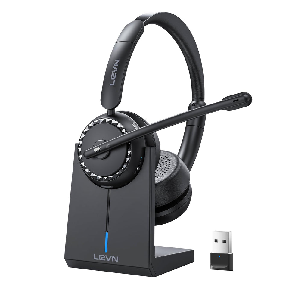 LEVN headset front view showing design and buttons for clear desk setup