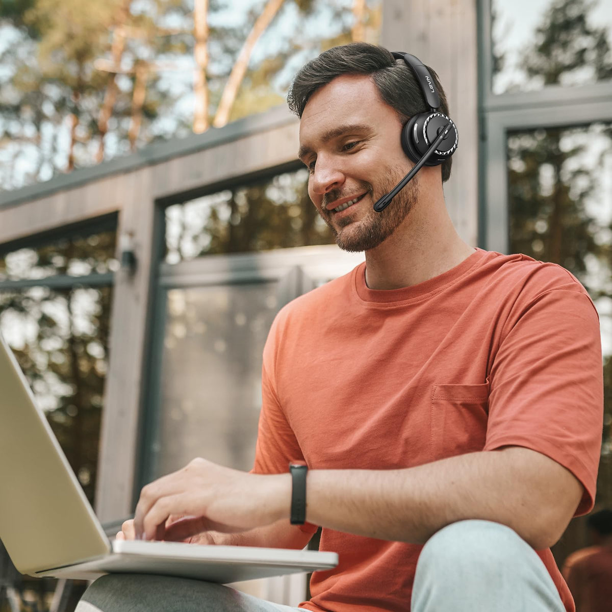 LEVN headset in home office lifestyle showing organized workspace efficiency