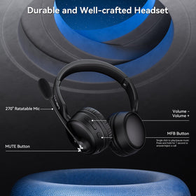 LEVN headset on desk beside laptop indicating reliable meeting use