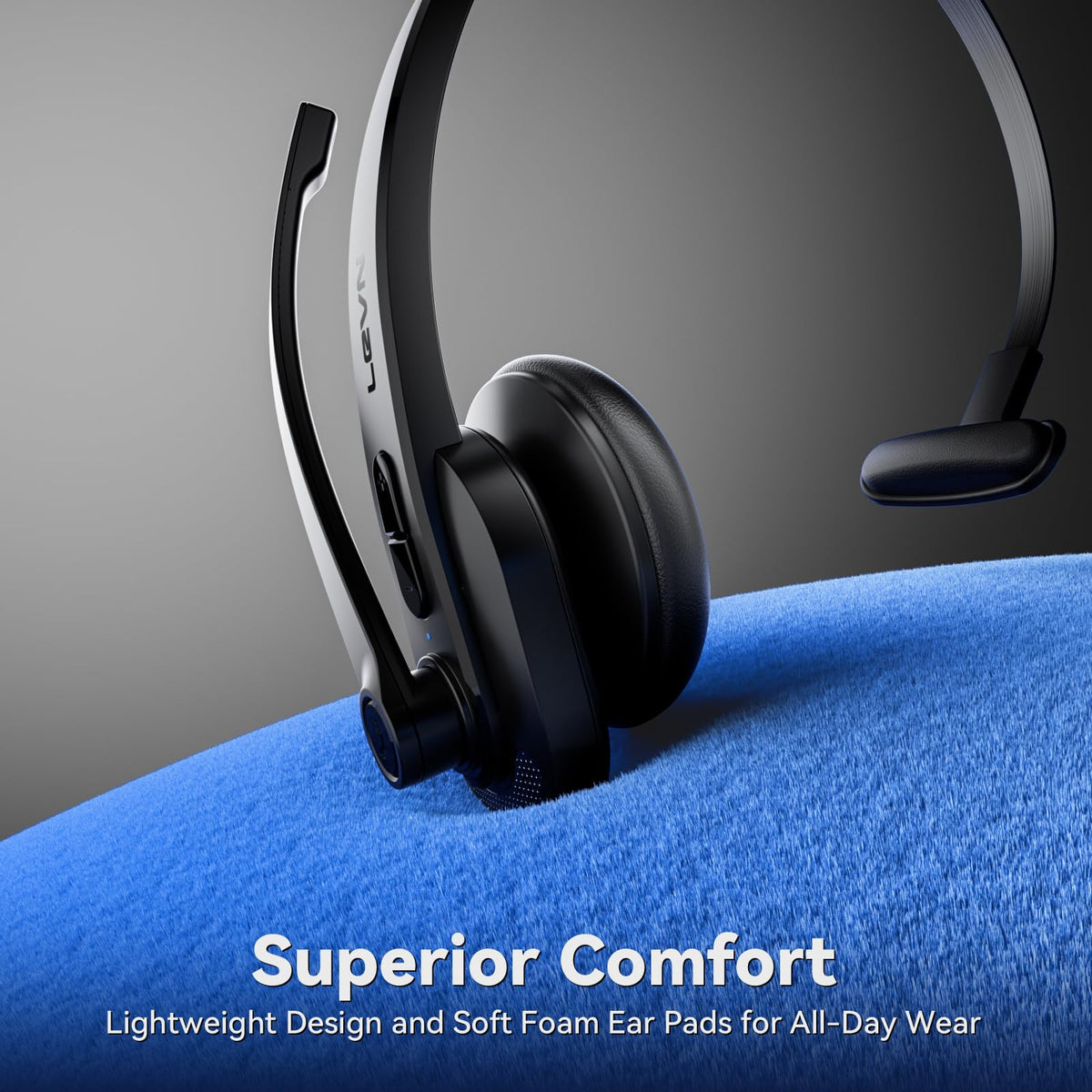 LEVN headset next to smartphone illustrating compact size and portability