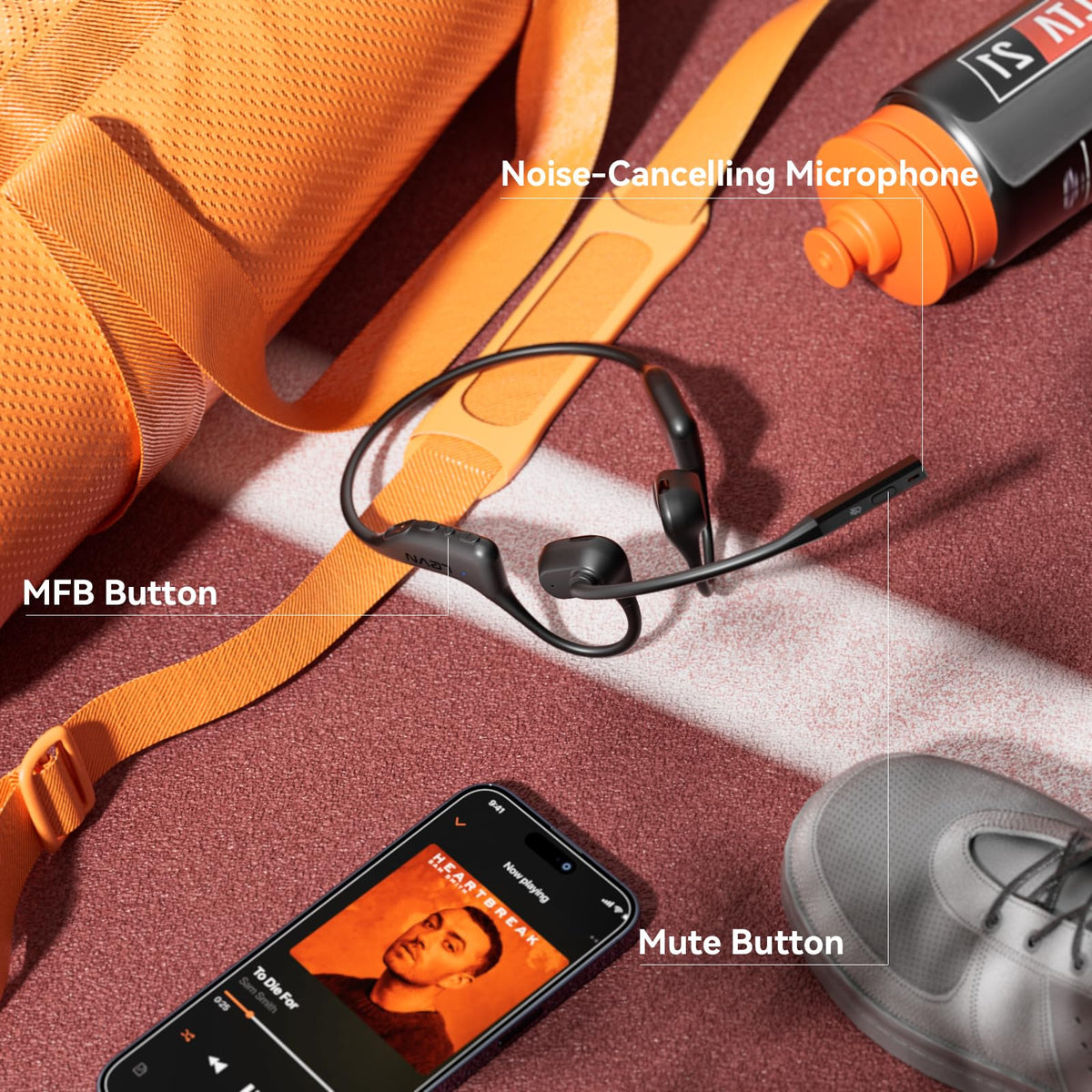 LEVN open-ear design for safety activities supports awareness during driving and running.