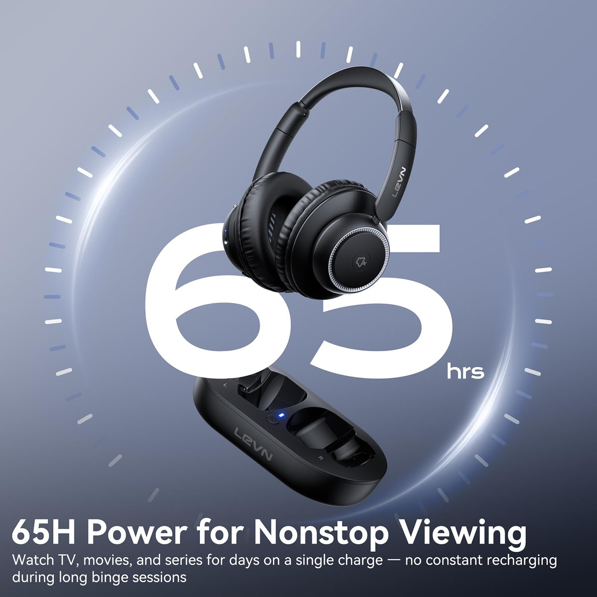 LEVN headphones beside TV remote for scale, compact space-saving benefit