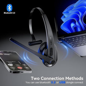 LEVN USB dongle paired with headset illustrating plug-and-play convenience